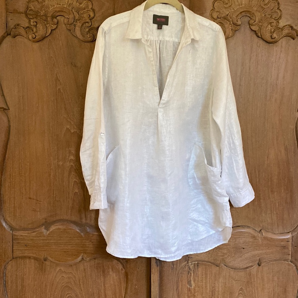 For Cynthia White Long Sleeve Linen Tunic Dress